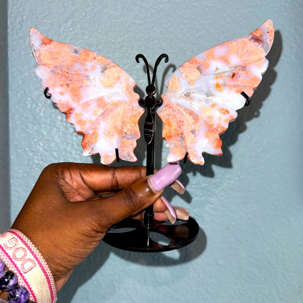 Pink Flower Agate Butterfly and Stand - PINKFLWTAGTBTFLY PRICE FIRM